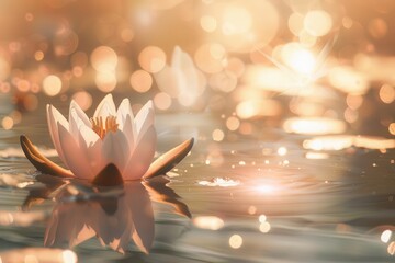 Wall Mural - ethereal lotus flower floating on tranquil water soft peach bokeh background