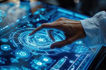 Poster - Scientist is touching a holographic interface on a transparent screen, interacting with data and information in a futuristic laboratory setting