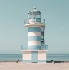 Wall Mural - White and Blue Lighthouse on a Sandy Beach