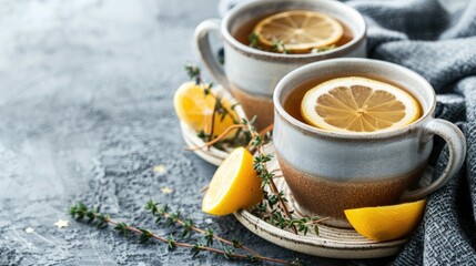 Autumn and winter drink Hot tea with lemon and thyme in mugs on gray background