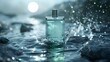 © Shaji - Product photography scene with a bottle of Green perfume placed on a dark grey rocky water surface  ' ai generated '