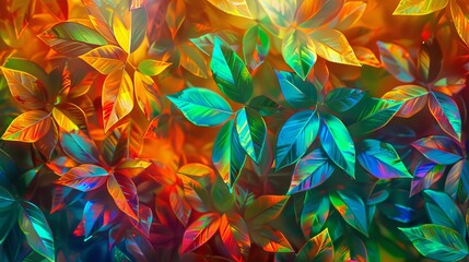 Vivid Metallic Leaves Background - Iridescent Neon Green Yellow Orange Shiny Sparkling Wallpaper, Nature Design with Bold Texture and Light Contrast