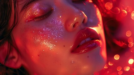 Wall Mural - A close-up of an Asian woman with her eyes closed. Her face is lit by red light and has silver sparkles on it.