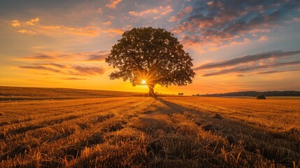 Wall Mural -  breathtaking horizon of a beautiful autumn sunset with a large tree