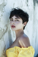 A woman with short hair and a yellow dress is posing for a photo. She has a pale complexion and a slight smile on her face