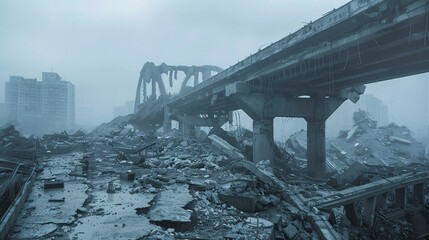 Poster - A striking image of a fallen cityscape, with sharp, detailed shots of a collapsed bridge and the surrounding rubble. The photo captures the dramatic and haunting atmosphere of the fallen city