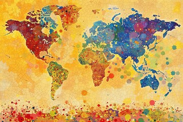 Poster - A vibrant world map rendered in a colorful mosaic style, with a yellow background and a scattered pattern of paint splatters. Generative AI