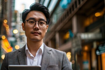 Portrait of a smiling asian businessman holding tablet computer standing on the outdoor street front of business office building city
