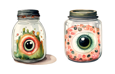 Eyeball in a jar, watercolor clipart illustration with isolated background.