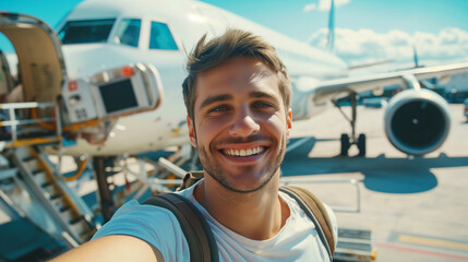 Poster - Happy young man taking a selfie in front of an airplane on a sunny day at the airport.