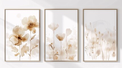 Poster - Three contemporary abstract art posters with minimalistic watercolor flower designs, arranged horizontally on a white wall. The designs feature airy floral patterns with soft watercolor washes in a