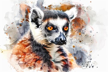 Poster - A colorful portrait of a ring-tailed lemur, featuring its distinctive tail and face