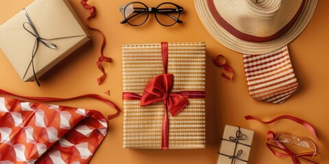 Canvas Print - Hat, Glasses, and Gift Box on Table