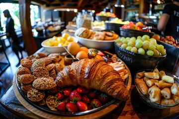 A delicious breakfast buffet featuring a golden croissant centerpiece, surrounded by a selection of fresh strawberries, baked goods, grapes, almonds, and cereals presented beautifully.