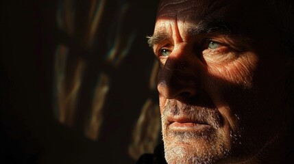 Poster - A close-up shot of a man's face with the sunlight casting a warm glow