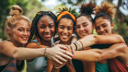 Wall Mural - Diverse group of joyful young women with linked hands in a park, celebrating friendship.