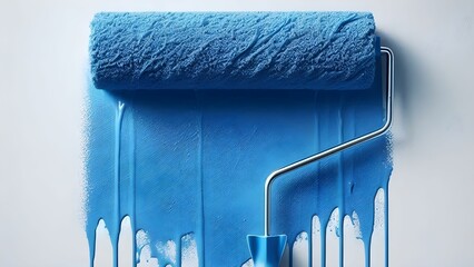 Abstract image of a blue paint roller paints the wall of a white house in a modern blue color