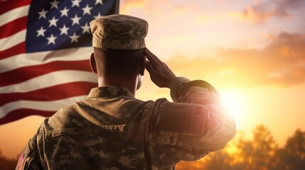 Silhouette of USA army soldiers saluting in the background with a USA flag and sunset. Greeting cards for Veterans Day, Memorial Day, and Independence Day. America celebration.