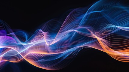 Poster - Vector illustration of abstract light lines as dynamic flowing waves in blue, orange, purple colors, isolated on black background for the concept of energy, electricity.