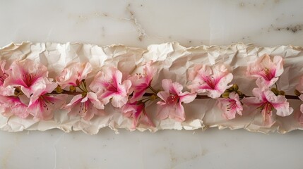 Wall Mural - Pink flowers in a line on a marble tabletop with handmade paper on one side