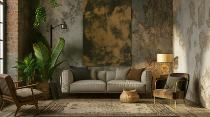 Canvas Print - Stylish living room with exposed brick, distressed walls and modern furniture