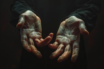 Poster - A person is holding out their hands in a dark room