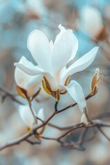 Close-up shot of a single white flower growing on a tree branch