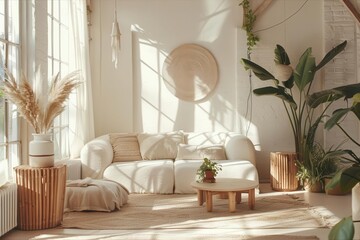 Wall Mural - scandinavianboho inspired living room with soft pastel colors featuring natural textures minimalist furniture and lush plants bathed in warm diffused sunlight