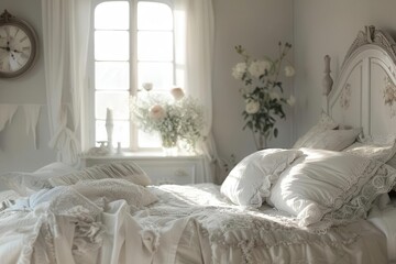 serene bedroom interior with soft gray and white palette delicate flowers adorn ornate bedstead diffused natural light creates cozy atmosphere highlighting textures and inviting relaxation