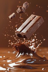 Wall Mural - Chocolate Bar Falling into Chocolate Puddle