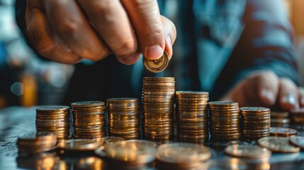 Poster - Close-up of hand stacking coins, representing financial growth