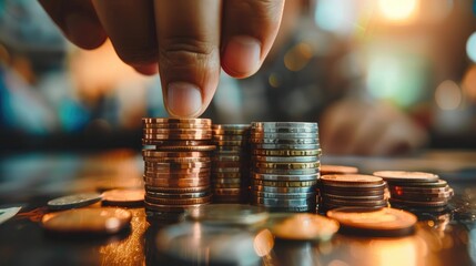 Poster - Close-up of hand stacking coins, representing financial growth