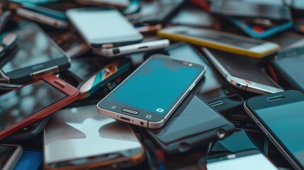 Wall Mural - Pile of various discarded smartphones in close-up view