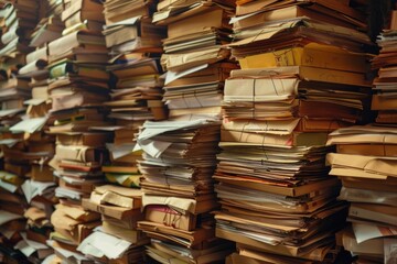 Aufkleber - A pile of mail stacked on a wooden floor, suitable for office or commercial use