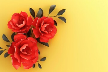 Poster - A bouquet of bright red paper flowers against a sunny yellow background