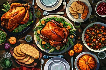 Canvas Print - Turkey on Table with Food