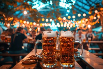 vibrant oktoberfest celebration scene with traditional beer steins pretzels and colorful autumn foliage lively crowd in lederhosen and dirndls dancing under festive lights