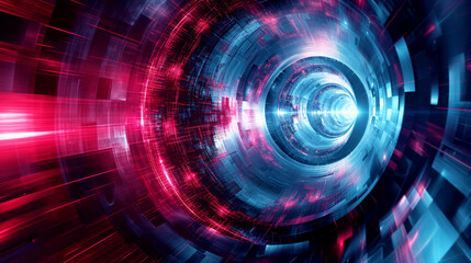 Canvas Print - Futuristic digital tunnel in blue and red with dynamic light effects.