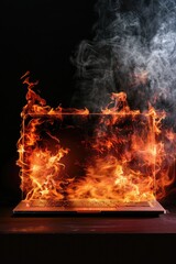 Poster - A laptop engulfed in flames with thick black smoke billowing out, useful for scenes of chaos and destruction