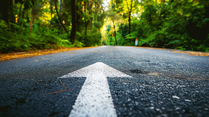 Canvas Print - Close-up view of a road with a white arrow pointing forward surrounded by lush greenery.