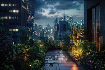 Aufkleber - Night view of a city from a rooftop garden, with bright lights and urban landscape