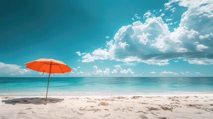 Poster - Sandy beach with white sand blue sky and umbrella