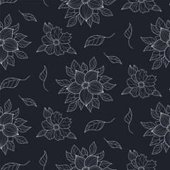 Floral pattern with flowers and leaves, seamless background with flowers outline.