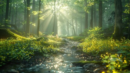 Canvas Print - Sunbeams Through a Forest Stream