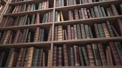 Poster - Old books on bookshelves in a vintage library. 3d video animation