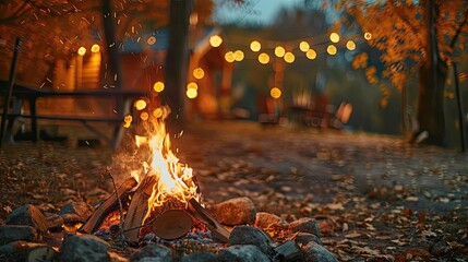 Cozy autumn evening campfire with string lights in the background, surrounded by fall foliage. Perfect for outdoor gatherings and warmth.