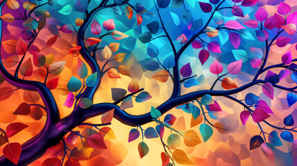 Sticker - Colorful stylized illustration of tree branches with multicolored leaves against a vibrant background.