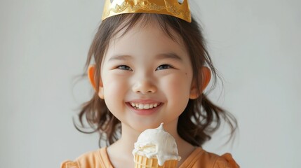 Wall Mural - portrait of a little girl with am ice cream, a girl holding an soft ice cream cone, A cute girl smiling