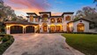 © IULIIA - A beautiful photo of the front view of an elegant Spanish style home in Orlando, FL with a large stone driveway and lights on at sunset.