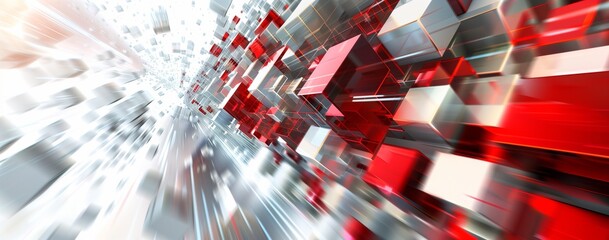 Poster - Abstract red and white background with futuristic cubes, speed motion blur effect, digital technology concept design